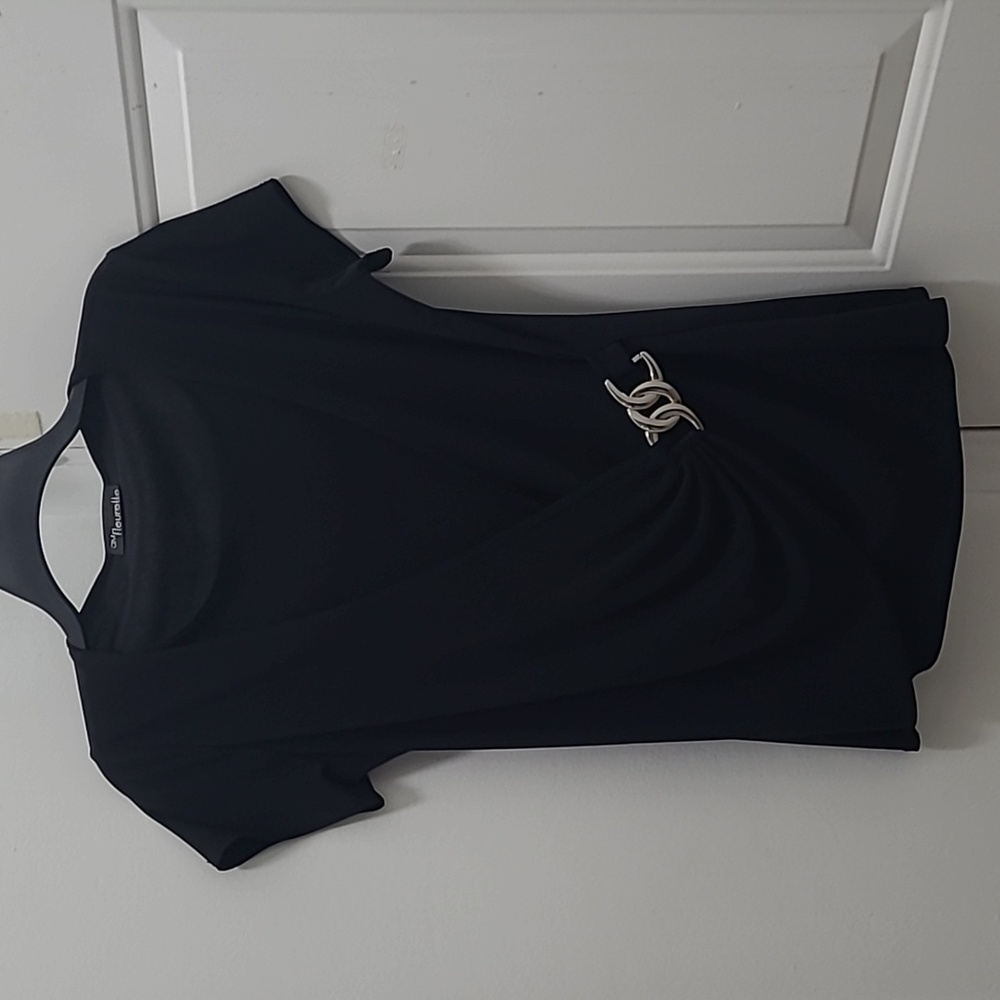 JM Fleurelke Black Blouse (w) Slive design Size Large Used , Polyester & Spendix